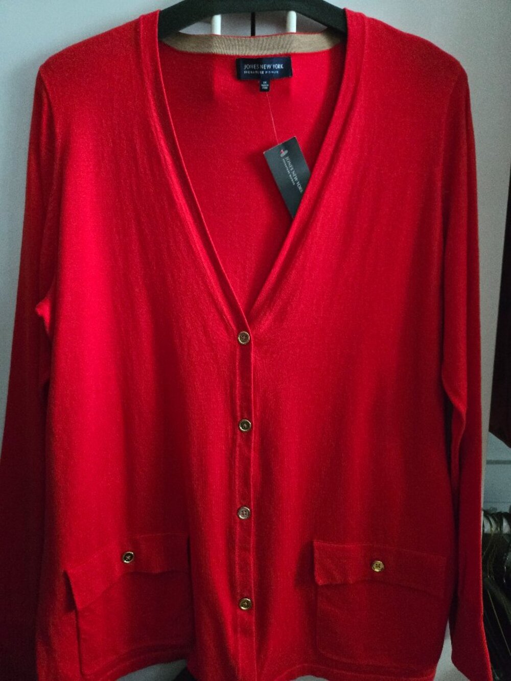 NWT JONES NY Signature Woman - New Cardigan - 1X - Tomato Red/Gold Buttons